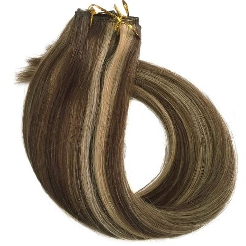 18" Short Hair Extensions Clip in Human Curl Brown to Blonde Highlights - Best Extensions For Very Short Hair - DivasHairCare.com